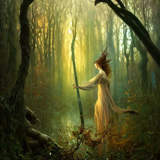 Prompt: dreamy enchanted forest, surreal, fantasy, intricate, elegant, dramatic lighting, emotionally evoking symbolic metaphor, highly detailed, lifelike, photorealistic, digital painting, artstation, concept art, smooth, sharp focus, illustration, art by John Collier and Krenz Cushart and Artem Demura and Alphonse Mucha and Albert Aublet