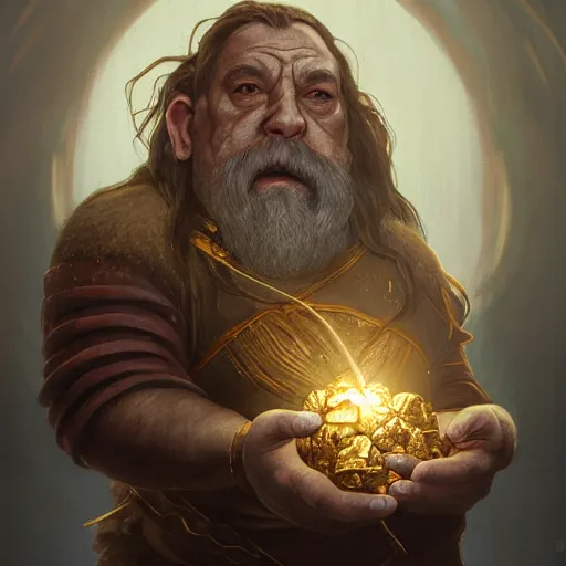 Image similar to portrait of a brutal dwarf hugging the humongous raw, unrefined sparkling gold nugget, lump of native gold, realistic, fantasy art, dnd, lord of the rings, medium shot, mid - shot, moody lighting, by greg rutkowski, alphonse mucha, artgerm, trending on artstation, concept art, sharp focus, octane render, cgsociety