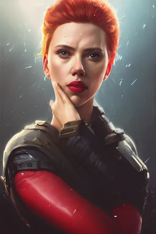 Image similar to a fancy portrait of a Scarlett Johansson deadpool by Greg Rutkowski, Sung Choi, Mitchell Mohrhauser, Maciej Kuciara, Johnson Ting, Maxim Verehin, Peter Konig, final fantasy , mythical, 8k photorealistic, cinematic lighting, HD, high details, atmospheric,