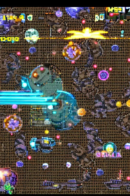 Prompt: detailed retro bullet hell shmup gameplay screenshot with HUD