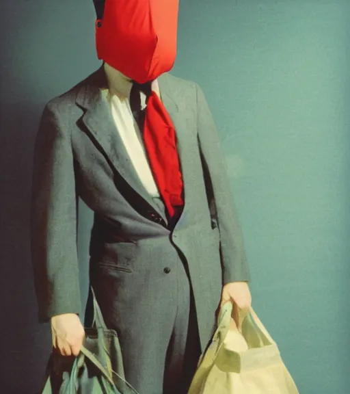 Prompt: man in a suit with bag over face, vintage technicolor film photo, grainy, high detail, high resolution