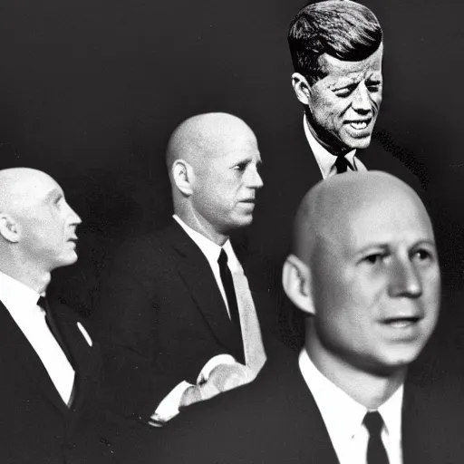 Image similar to b / w photo of jfk, no hair, bald, next to nikita kruschev