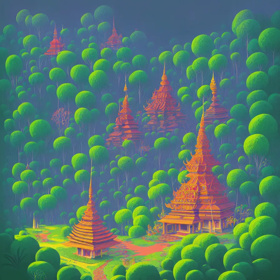 Image similar to ( ( ( gediminas pranckevicius ) ) ), wat bukit perak jungle temple, summer morning, very coherent and colorful high contrast art by james gilleard floralpunk screen printing woodblock, dark shadows, pastel color, hard lighting