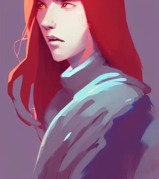 Prompt: portrait of a female mage, red hair, by atey ghailan, by greg rutkowski, by greg tocchini, by james gilleard, by joe fenton, by kaethe butcher, dynamic lighting, gradient light blue, brown, blonde cream and white color scheme, grunge aesthetic