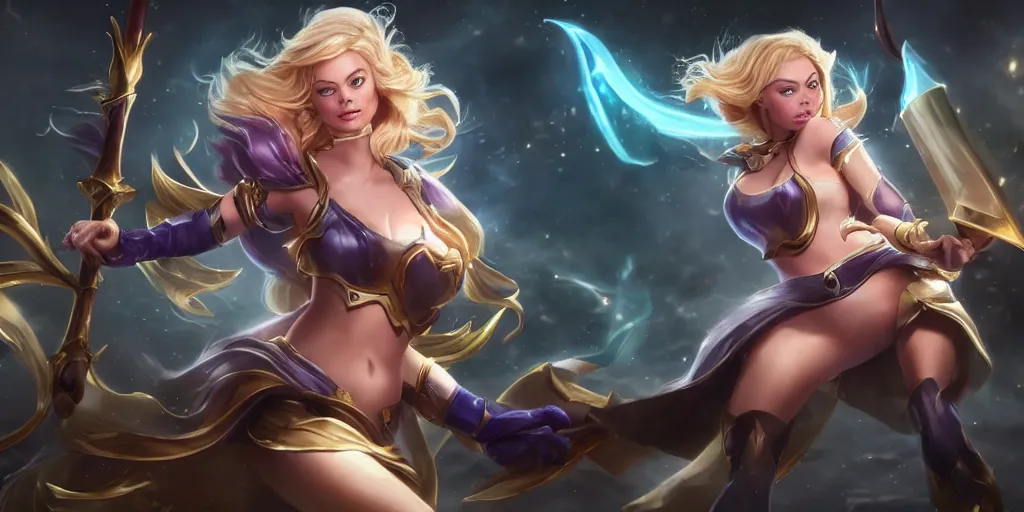 Image similar to hyper realistic action shots of Lux (League of Legends) played by Margot Robbie, using a magical staff, multiple angles. 4k, IMAX, sigma, cinematic, lute