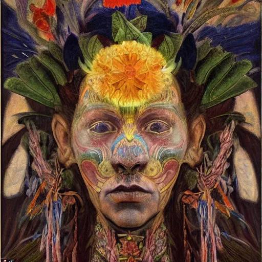 Prompt: masterpiece painting of a dark flower shaman, by annie swynnerton and jean delville and tino rodriguez and diego rivera, facemask made of flowers, art brut, outsider art, symbolist, dramatic lighting, god rays, elaborate geometric ornament, clean crisp graphics, smooth sharp focus, extremely detailed, adolf wolfli
