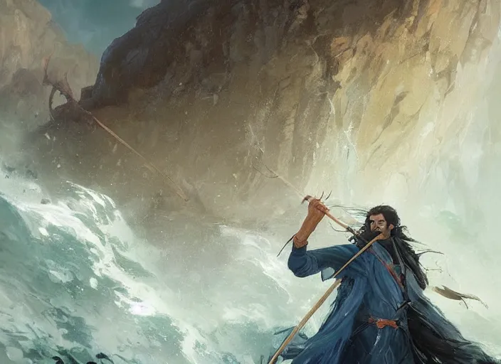 Prompt: a man with a long wavy black hair wearing a long blue coat and holding a spear about to fight a giant lobster monster in a rocky chasm. dreamy fantasy art by greg rutkowski