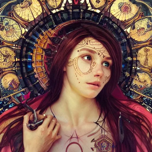 Image similar to Virgin Mary, facial tattoos, artists portrait, biomechanical, heaven, fantasy, highly detailed, digital painting, concept art, sharp focus, depth of field blur, illustration, art by artgerm and greg rutkowski and alphonse mucha