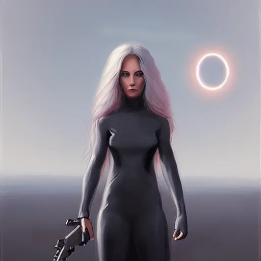 Prompt: pleiadian woman with big eyes and long silver hair wearing a dark body suit and holding a plasma gun standing in barren fields, portrait art by greg rutkowski