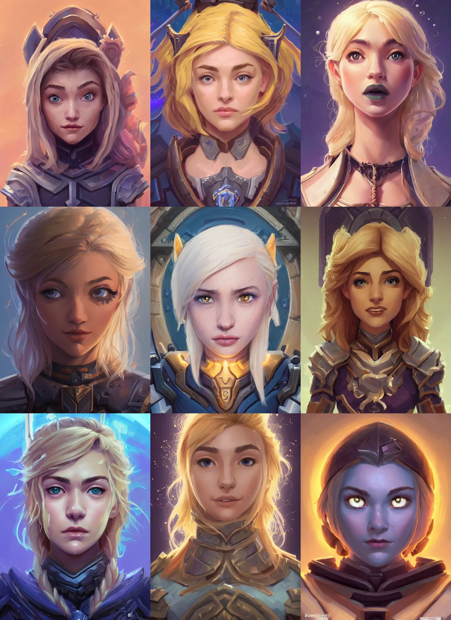 Prompt: masterpiece head-on symmetrical centered painted portrait, just one head, Imogen Poots as a paladin, blonde hair, RPG character avatar, Blizzard Hearthstone concept art, pixar, dreamworks, stylized fractal background, splash comics, global illumination lighting, trending on artstation, by lois van baarle, ilya kuvshinov, rossdraws