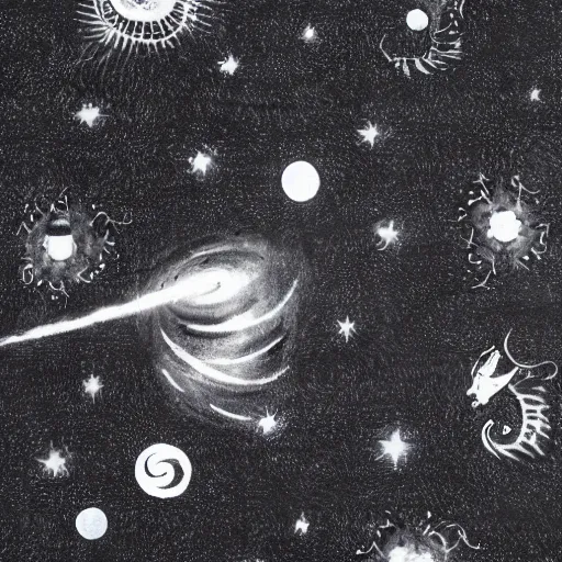 Image similar to a battle tank heavy armor blasting with yin - yang black and white symbol daoist paint, in a cosmic field