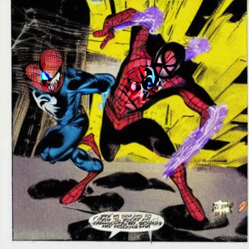 Prompt: spider - man fighting a clone of him in a comic book panel illustrated by by bill sienkiewicz