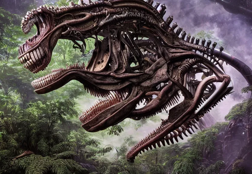 Image similar to extremely detailed. full body pictures of a gem - toned cybernetic tyrannosaurus rex engine. iridescent biomechanical giger ’ s xenomorph. the thing. detailed and intricate environment, wide angle, hyperrealism, plants and jungle, detailed and intricate environment, reflective, dynamic lighting, studio ghibli, 8 k