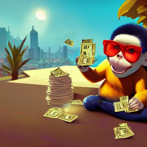 Prompt: Monkey wearing Gold glasses, holding some monopoly money in his hand, mattepainting concept Blizzard pixar maya engine on stylized background splash comics global illumination lighting artstation lois van baarle, ilya kuvshinov, rossdraws