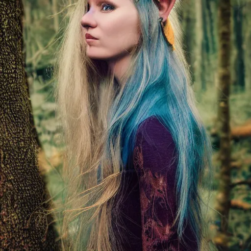 Image similar to a beautiful photo portrait of a forest elf, blue and golden hair, 8k, photography,