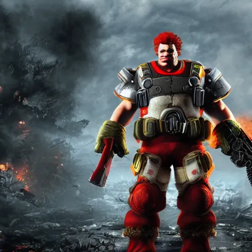 Prompt: ronald mcdonald in gears of war, cinematic shot, hyperdetailed