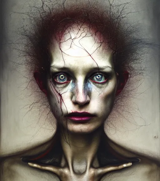 Prompt: portrait, stranger psycho by eugene von bruenchenhein, peter lindbergh, sam spratt, michael page, alyssa monks, julie heffernan, glenn brown, naoto hattori, brian froud, nicola samori, paolo roversi, kilart, 8 k, hyper detailed, hyper realism, acrylic paint, surrealism, smooth, sharp focus.