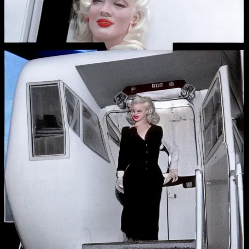 Prompt: DSLR 35mm film photography of young marilyn monroe as a flight attendant in 1998