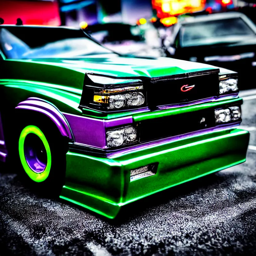 Image similar to close-up JZX100 twin turbo drift jet engine monster truck drag racer cowboy Cadillac in the road, Tokyo prefecture, Japanese architecture, city sunset mist lights, cinematic lighting, photorealistic, detailed alloy wheels, highly detailed purple green snake oil wacky races power ranger bat-mobile transformer car