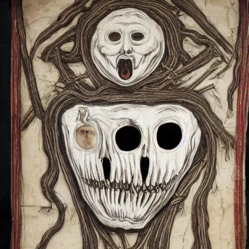 Image similar to an old coat of arms with the scream masks made of nerves, bones and veins