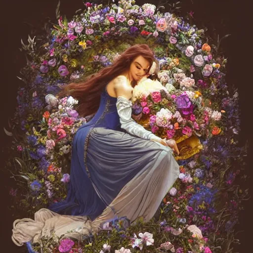 Image similar to an elaborate coffin with a mysterious sleeping beauty holding a large bouquet of flowing flowers, hands hidden under the bouquet, side view, fantasy, regal, intricate, by stanley artgerm lau, greg rutkowski, thomas kindkade, alphonse mucha, loish, norman rockwell