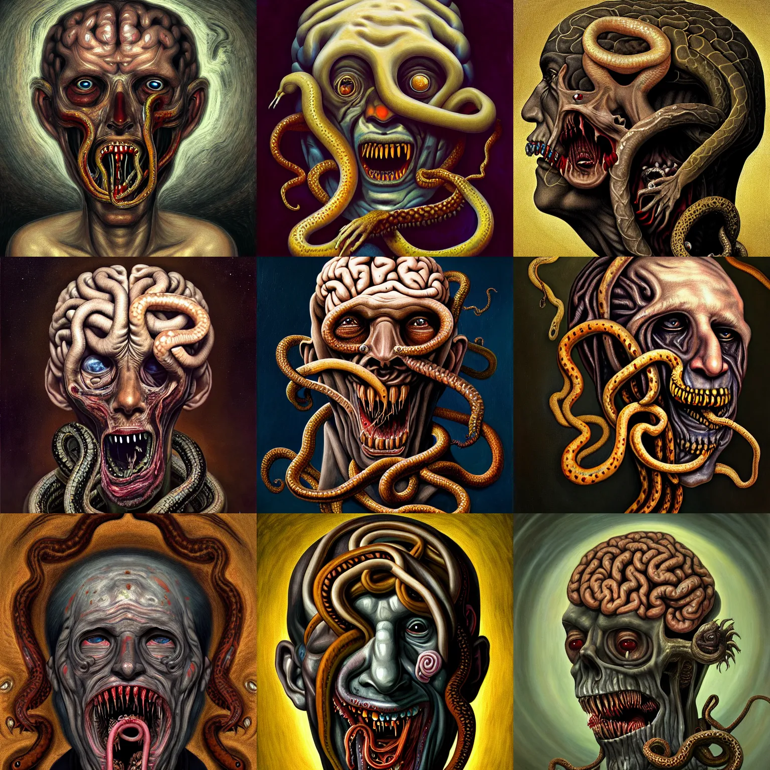 Prompt: a painting of a decapitated distressed man's aged face with biting serpents swarming out of his exposed brain, a surrealist painting, polycount, surrealism, surrealist, lovecraftian, cosmic horror