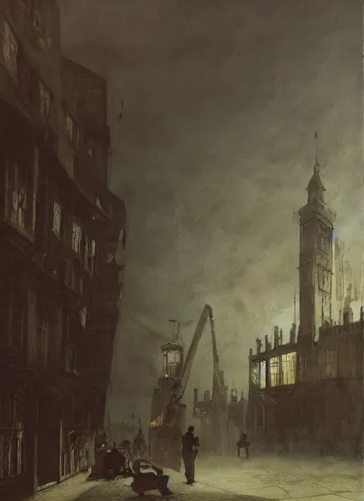 Prompt: 1 9 th century london, shady alleys, pub, thick fog, coherent composition, art by caspar david friedrich, thomas lawrence, john martin