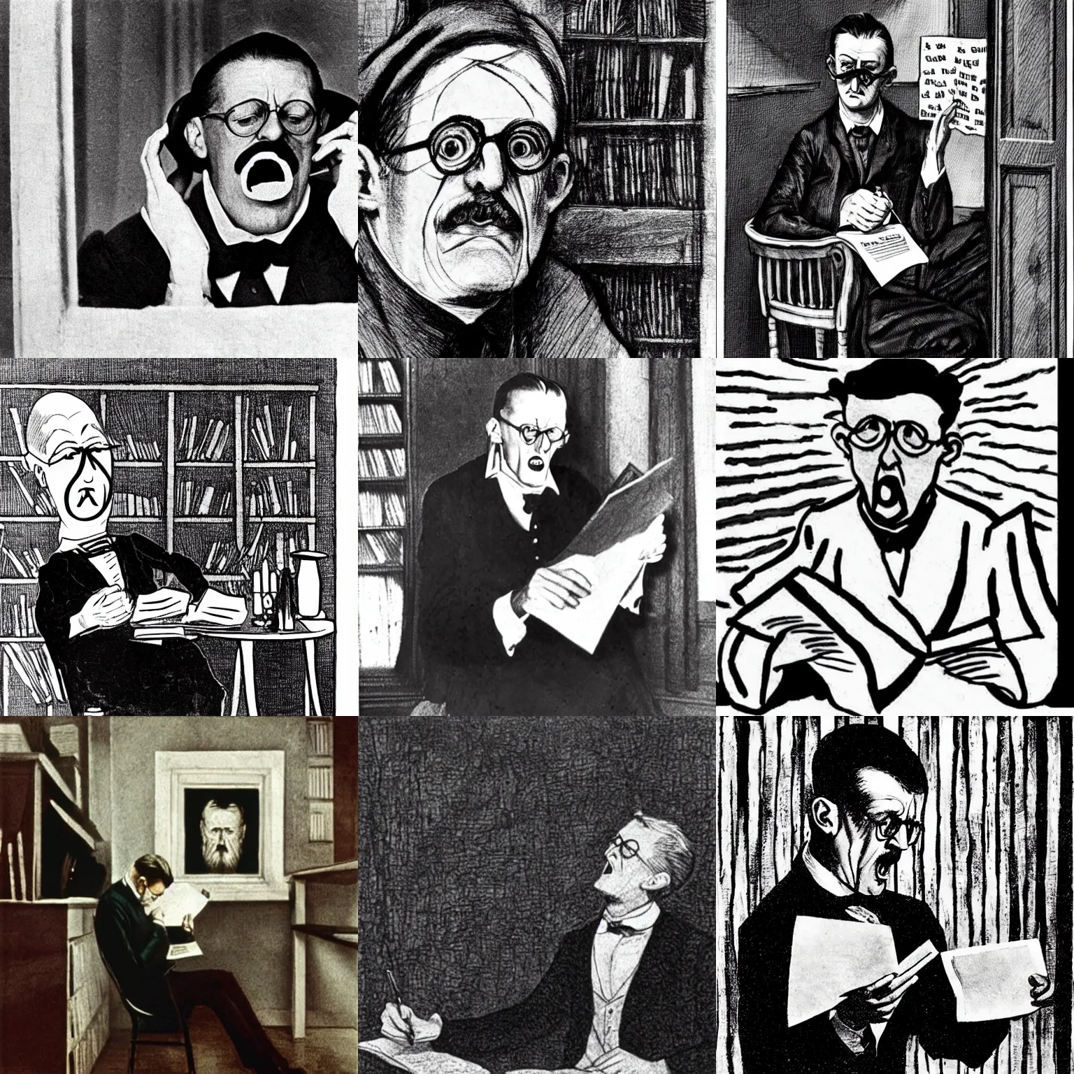 Prompt: james joyce reading his love letters in the cabin, in the style of the scream.