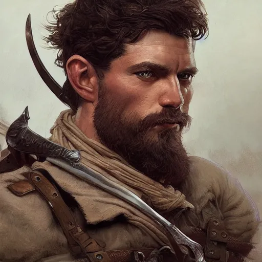 Prompt: portrait of a rugged ranger, muscular, upper body, sword, bow, D&D, fantasy, intricate, elegant, highly detailed, digital painting, artstation, concept art, smooth, sharp focus, illustration, art by artgerm and Greg Rutkowski and Alphonse Mucha