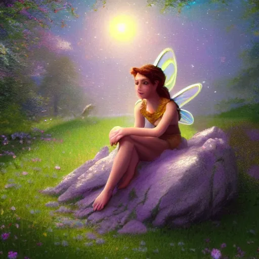 Prompt: a fairy sitting on a small moon, digital art, trending on artstation, hdr, by thomas kinkade and albert bierstadt, fantasy art