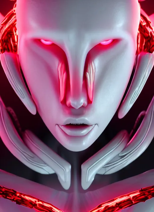 Image similar to stunning symmetric full body character image, woman, predator, Protoss, human, Tsutomu Nihei, 3d octane render, unreal engine, hyper realistic, realistic, white bone armor, soft illumination, human facial features, surrounded in red glowing tendrils of whispy smoke, trending artstation, 4K, insane