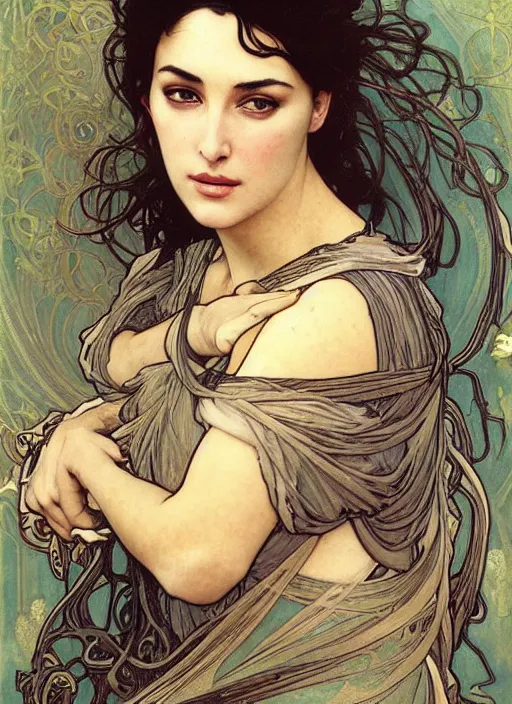 Prompt: a beautiful painting of monica bellucci by alphonse mucha and rebecca guay and john william waterhouse and mark brooks, art noveau, neo-classical, trending on artstation