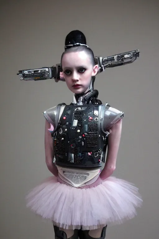 Prompt: cyberpunk beautiful girl, robotic body armour, ballet tutu by mark ryden