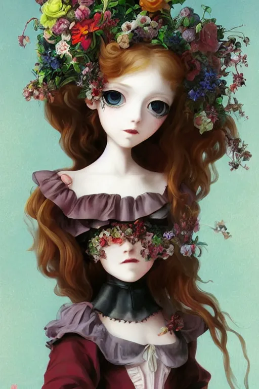 Image similar to Lowbrow pop surrealist Gothic Lolita digital art, painted by Julia Heffernan, Élisabeth Louise Vigée Le Brun, Studio Ghibli, realistic hair, artstation trend, high quality printing, fine art with subtle redshift rendering