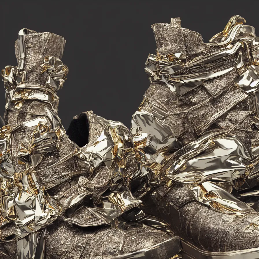 Image similar to futuristic balenciaga sneakers, nft art, highly detailed, hyper realistic, a ton of bussdown iced gold bling in wallace & gromit strata - cut claymation, ultra realistic, concept art, intricate details, serious, highly detailed, photorealistic, octane render, 8 k, unreal engine