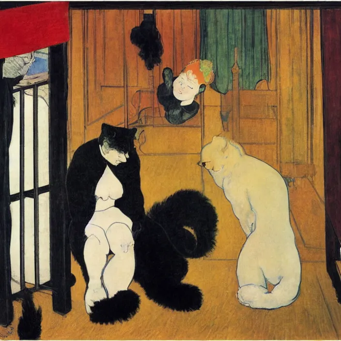 Image similar to couple under a baldachin. iridescent colors, fuzzy black cat. henri de toulouse - lautrec, utamaro, matisse, rene magritte