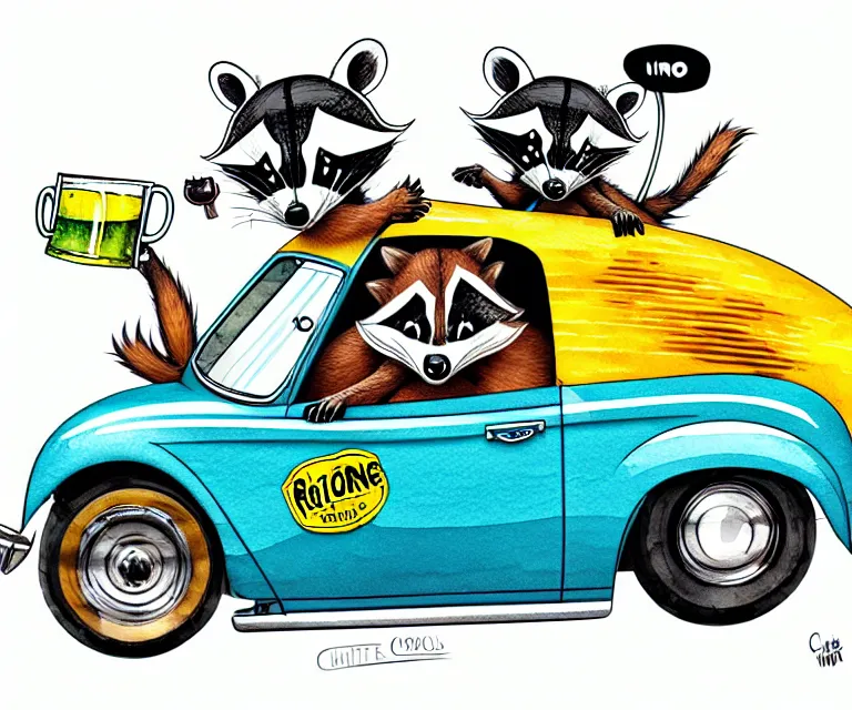 Image similar to cute and funny, racoon drinking beer wearing a helmet riding in a tiny hot rod coupe with oversized engine, ratfink style by ed roth, centered award winning watercolor pen illustration, isometric illustration by chihiro iwasaki, edited by range murata