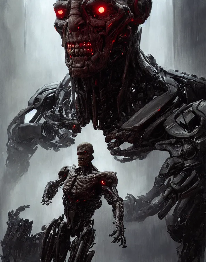 Image similar to willem dafoe as victor stone, full body concept, cyborg, borg, strogg, face of a man, terminator, flesh, quake strogg, doom demon, wolfenstein, monstrous, symmetry, symmetrical, concept art by ruan jia and greg rutkowski