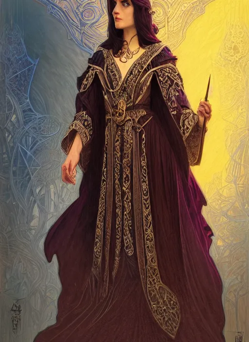 Image similar to centered portrait, Maya Ali as a D&D sorcerer, black hair, intricate robes, Art Nouveau, beautiful retro Fantasy heroine 1985, intricate, elegant, highly detailed, centered, digital painting, trending on artstation, concept art, smooth, sharp focus, illustration, art by raphael lacoste, eddie mendoza, Mucha, alex ross, WLOP