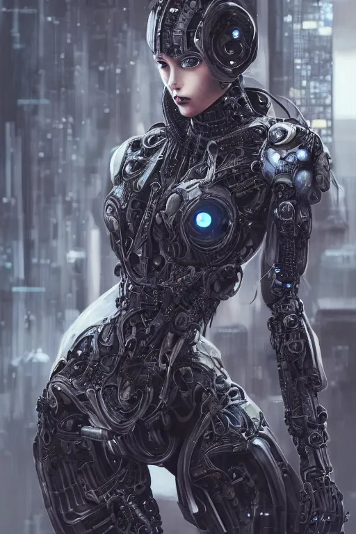 Image similar to ultra realist and ultra intricate detailed soft painting of an armored female with cyber biomechanical spider like body, symmetry features, sensual gloomy style, volumetric clouds, cyberpunk background, artstation, unreal render, depth of field