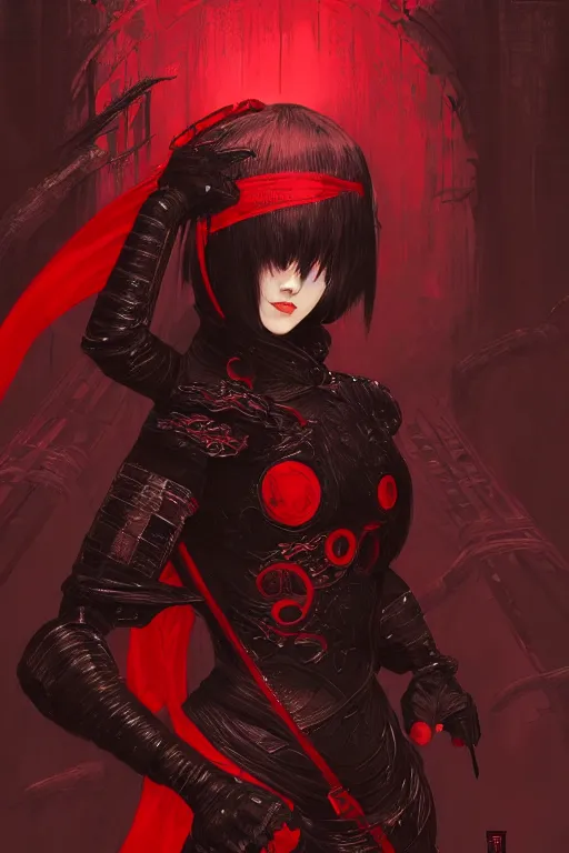 Image similar to portrait Ninja gaiden girl, armored black and red ninja wardrobe, in ruin japanese rainny temple night, ssci-fi and fantasy, intricate and very very beautiful and elegant, highly detailed, digital painting, artstation, concept art, smooth and sharp focus, illustration, art by tian zi and WLOP and alphonse mucha