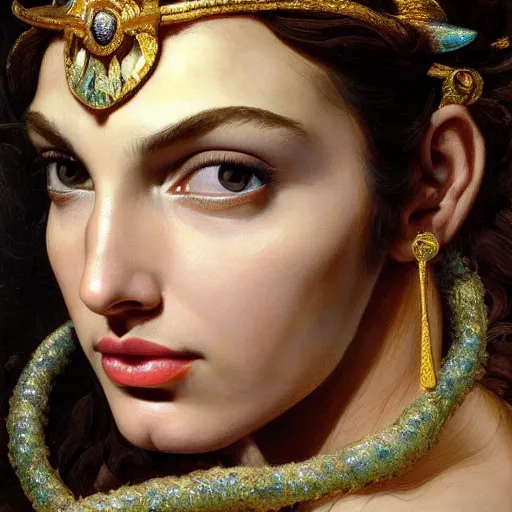 Image similar to Head and shoulders masterpiece oil painting of the beautiful goddess Gal Gadot as hera, she is wearing roman clothes and a surreal jewelry, her hair is natural disheveled, she is approaching heaven over the clouds, naturalism, dramatic lighting, high-detailed oil painting by Ilya Repin, Michelangelo da Caravaggio, William Blake, Alex Grey and Beksinski, trending on Artsation, hystorical painting, naturalism, masterpiece, 4k, 8k,