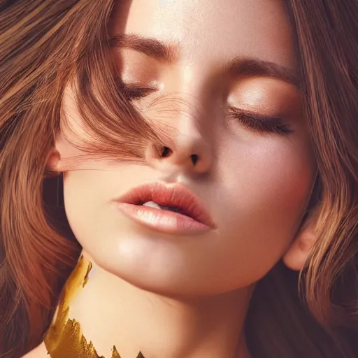 Image similar to a very beautiful still of a beautiful brown - haired woman with her head leaning backwards, golden, eyes closed, front shot, very close - up, hyper detailed, high contrast, bokeh background, realistic, digital art by irakli nadar, sharp focus, golden, delicate, sunlight, dark background, 4 k