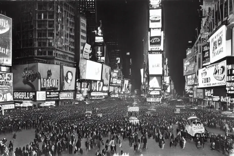 Image similar to a wide angle photograph of times square on new years eve, 1945, black and white