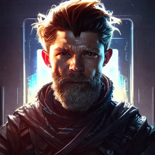 Image similar to portrait painting of a cyberpunk dwarf ninja who looks like tom holland, ultra realistic, concept art, intricate details, eerie, highly detailed, photorealistic, octane render, 8 k, unreal engine. art by artgerm and greg rutkowski and charlie bowater and magali villeneuve and alphonse mucha