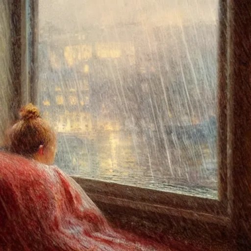 Image similar to on a rainy day, someone in home sits in bed, curled up under the covers, watching the rain outside the window, cinematic, artstation, extremely detailed, intricate, cinematic lighting, art by pierre - auguste renoir, arie johannes lamme, greg rutkowski