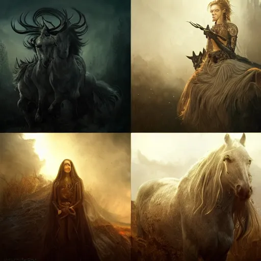 Image similar to Portraits based on the four horsemen of the apocalypse, intricate, epic, elegant, menacing, fantasy, highly detailed, digital painting, hard focus, beautiful volumetric lighting, epic light, ultra detailed, by Leesha Hannigan, Ross Tran, Thierry Doizon, Kai Carpenter,Ignacio Fernández Ríos