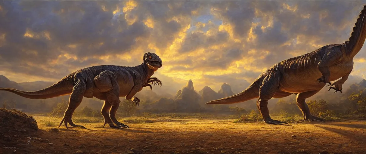 Image similar to oil painting of a dinosaur on canvas, by James gurney, realism, warm lighting, award winning, high detail, professional, volumetric lighting