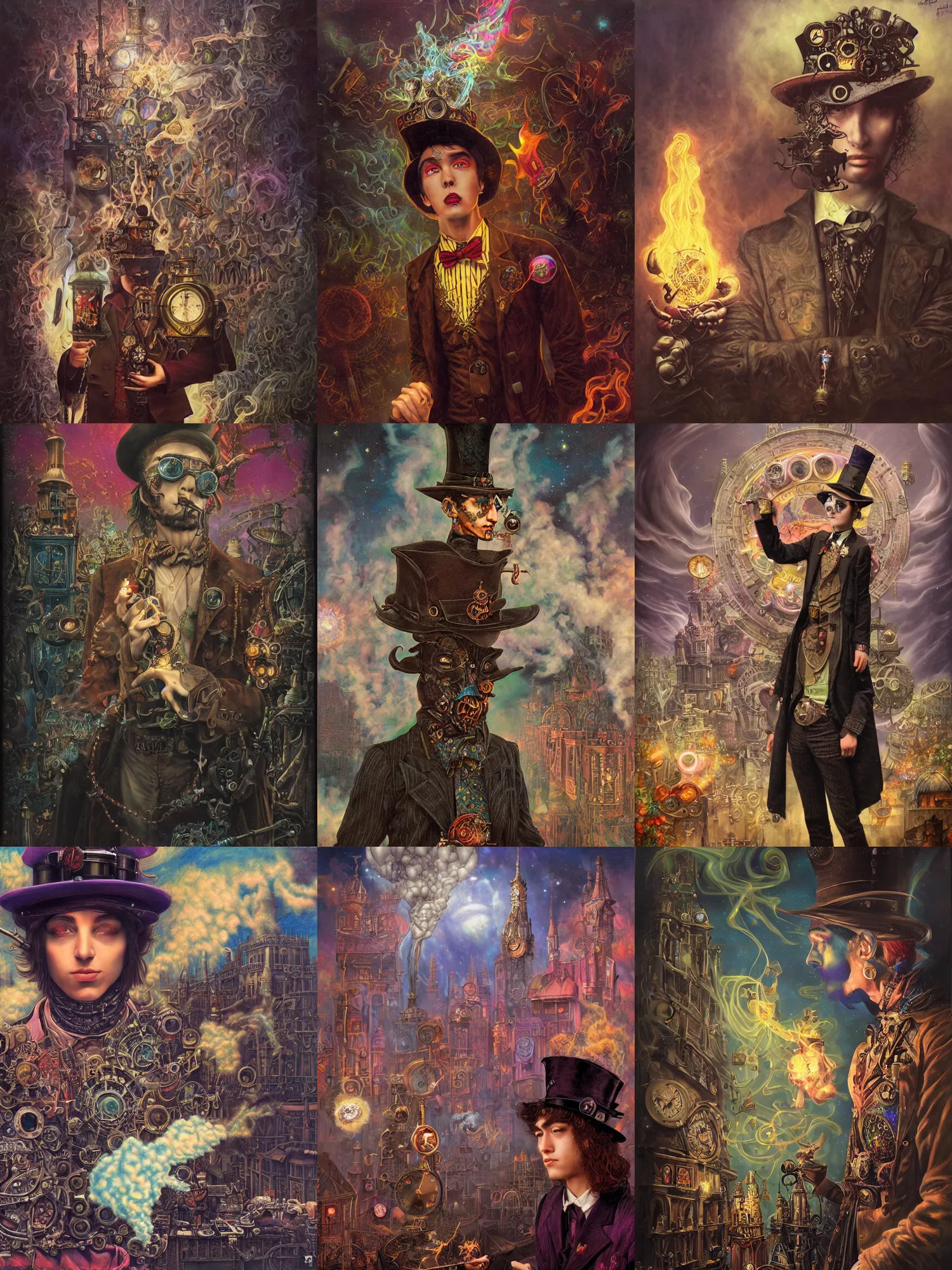 Prompt: a young man, evil wizard, intricate colorful cosmic smoke magic, victorian steampunk city vista, hyperrealism, extremely detailed, style of mark ryden, earl nore, hyung tae, frank frazetta