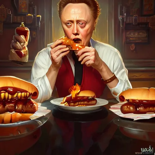 Image similar to Christopher Walken eating Hot Dogs, dripping BBQ Sauce, serving big macs, D&D, spilling ketchup, fantasy, intricate, elegant, highly detailed, digital painting, artstation, concept art, matte, sharp focus, illustration, hearthstone, art by Artgerm and Greg Rutkowski and Alphonse Mucha